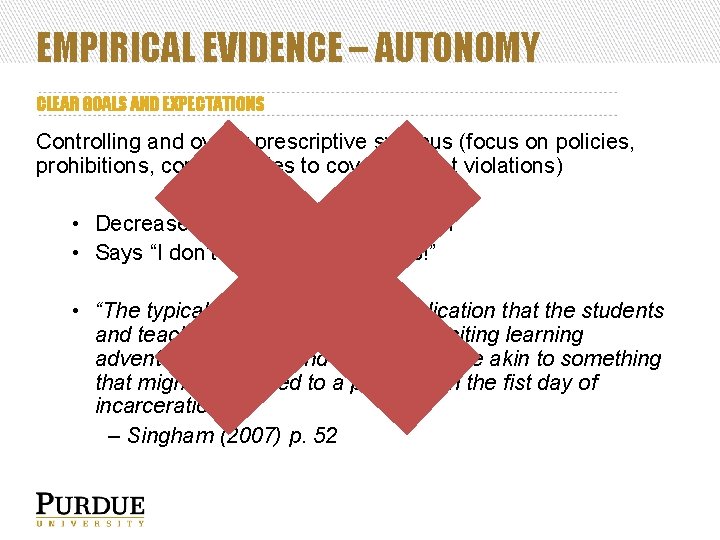 EMPIRICAL EVIDENCE – AUTONOMY CLEAR GOALS AND EXPECTATIONS Controlling and overly prescriptive syllabus (focus