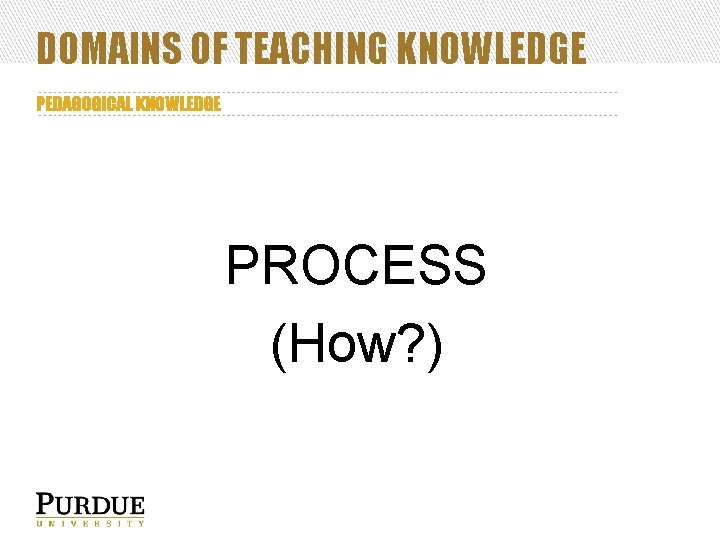 DOMAINS OF TEACHING KNOWLEDGE PEDAGOGICAL KNOWLEDGE PROCESS (How? ) 