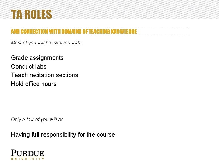 TA ROLES AND CONNECTION WITH DOMAINS OF TEACHING KNOWLEDGE Most of you will be