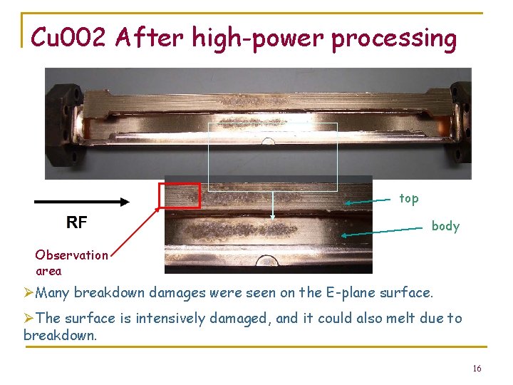 Cu 002 After high-power processing top body Observation area ØMany breakdown damages were seen