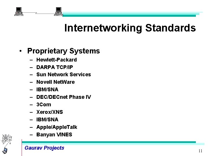 Internetworking Standards • Proprietary Systems – – – Hewlett-Packard DARPA TCP/IP Sun Network Services