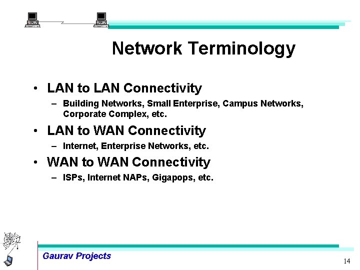 Network Terminology • LAN to LAN Connectivity – Building Networks, Small Enterprise, Campus Networks,