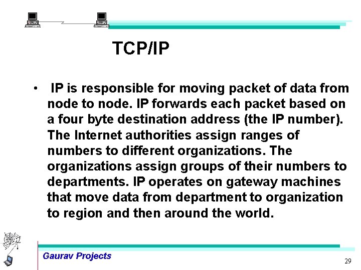 TCP/IP • IP is responsible for moving packet of data from node to node.