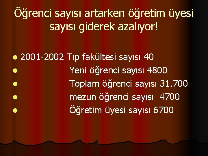 Öğrenci sayısı artarken öğretim üyesi sayısı giderek azalıyor! l 2001 -2002 l l Tıp