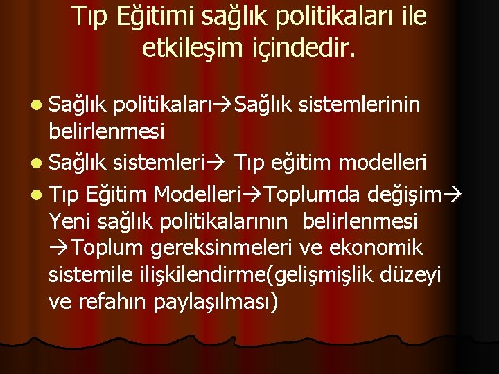 Tıp Eğitimi sağlık politikaları ile etkileşim içindedir. l Sağlık politikaları Sağlık sistemlerinin belirlenmesi l