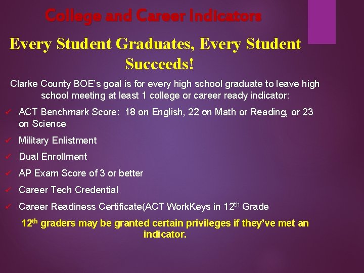 College and Career Indicators Every Student Graduates, Every Student Succeeds! Clarke County BOE’s goal