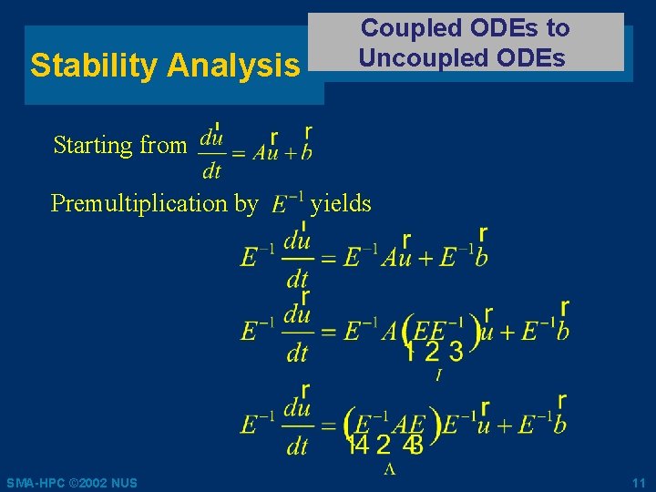 Stability Analysis Coupled ODEs to Uncoupled ODEs Starting from Premultiplication by SMA-HPC © 2002