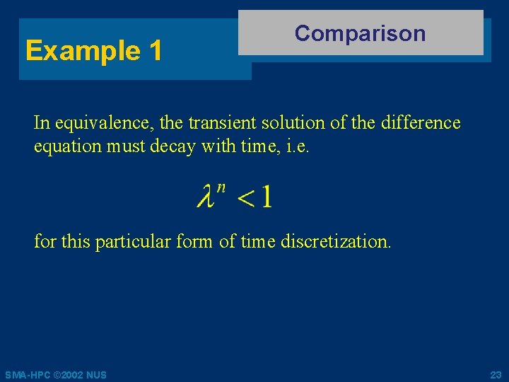 Example 1 Comparison In equivalence, the transient solution of the difference equation must decay Example 1 Comparison In equivalence, the transient solution of the difference equation must decay