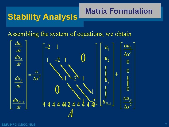 Stability Analysis Matrix Formulation Assembling the system of equations, we obtain SMA-HPC © 2002