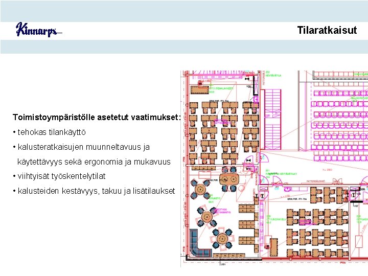 Tilaratkaisut Toimistoympäristölle asetetut vaatimukset: • tehokas tilankäyttö • kalusteratkaisujen muunneltavuus ja käytettävyys sekä ergonomia