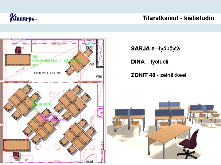 Tilaratkaisut - kielistudio SARJA e –työpöytä DINA – työtuoli ZONIT 40 - seinäkkeet 