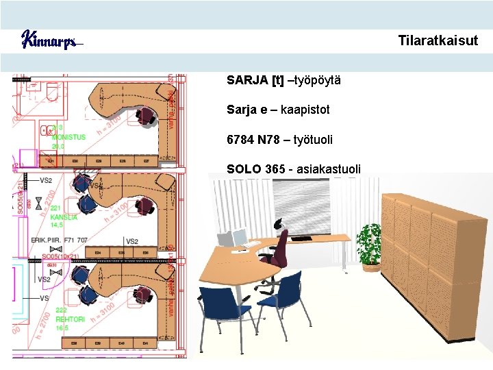 Tilaratkaisut SARJA [t] –työpöytä Sarja e – kaapistot 6784 N 78 – työtuoli SOLO