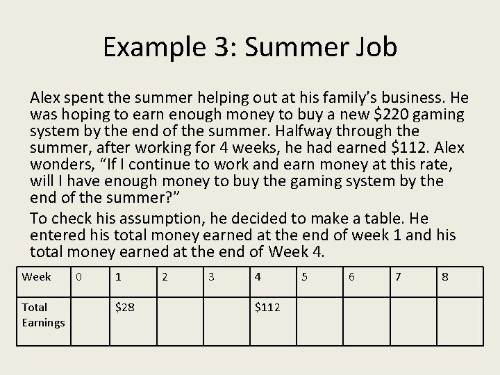 Example 3: Summer Job Alex spent the summer helping out at his family’s business.