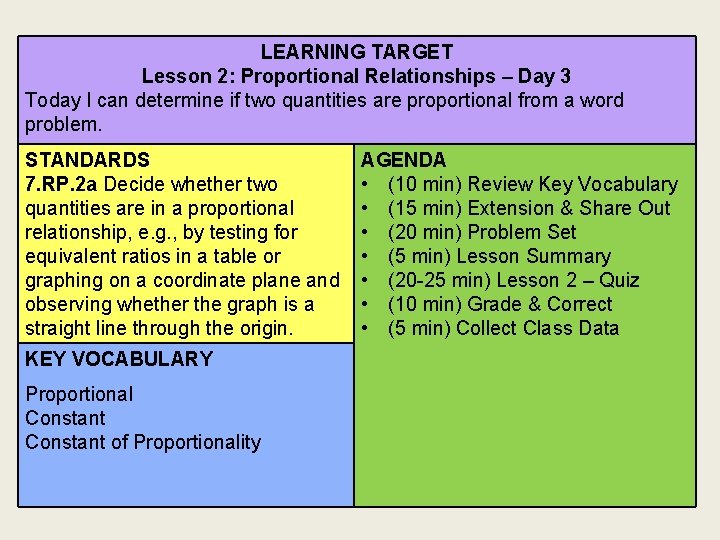 LEARNING TARGET Lesson 2: Proportional Relationships – Day 3 Today I can determine if