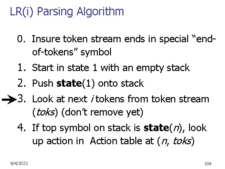 LR(i) Parsing Algorithm 0. Insure token stream ends in special “endof-tokens” symbol 1. Start