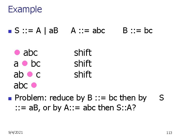 Example n S : : = A | a. B abc a bc ab