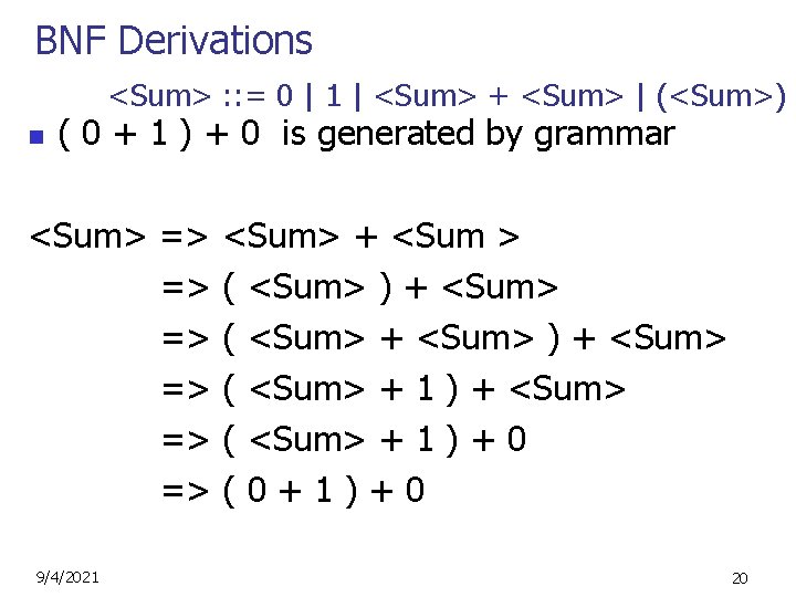 BNF Derivations <Sum> : : = 0 | 1 | <Sum> + <Sum> |