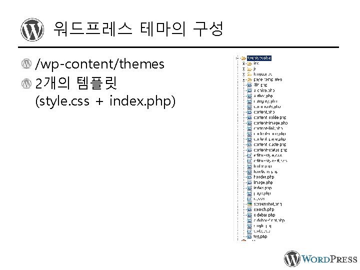 워드프레스 테마의 구성 /wp-content/themes 2개의 템플릿 (style. css + index. php) 