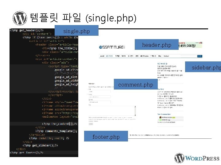 템플릿 파일 (single. php) single. php header. php sidebar. php comment. php footer. php
