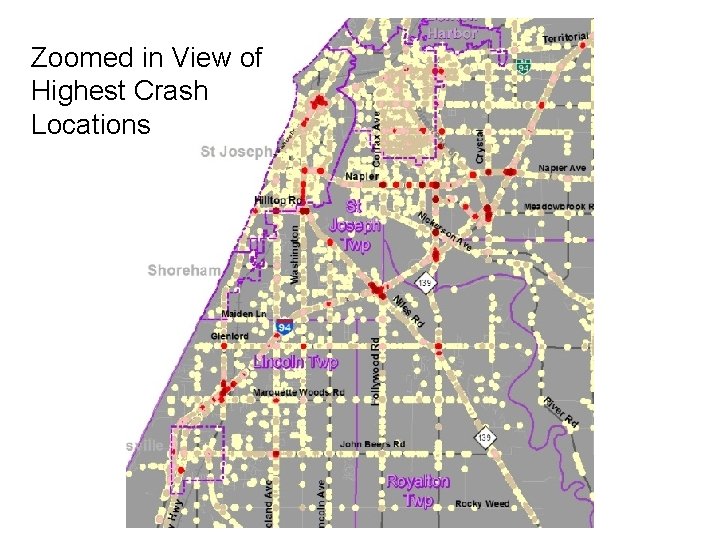 Zoomed in View of Highest Crash Locations 