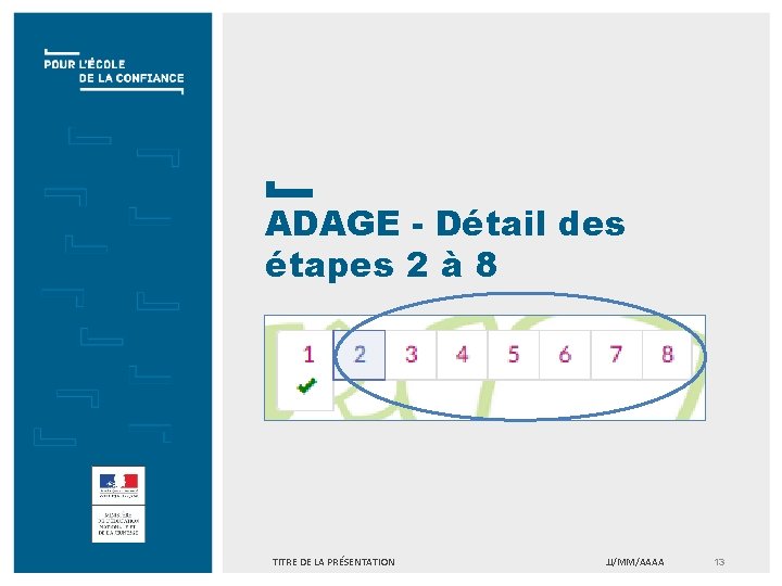 ADAGE - Détail des étapes 2 à 8 TITRE DE LA PRÉSENTATION JJ/MM/AAAA 13