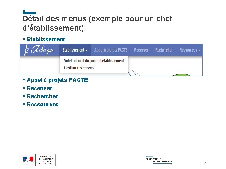 Détail des menus (exemple pour un chef d’établissement) § Etablissement § Appel à projets