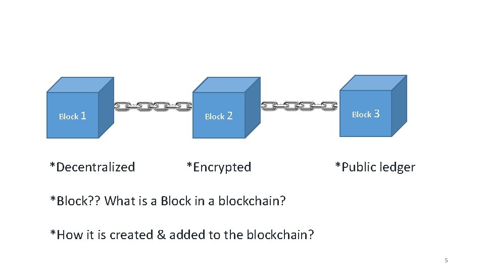 Block 1 *Decentralized Block 2 *Encrypted Block 3 *Public ledger *Block? ? What is