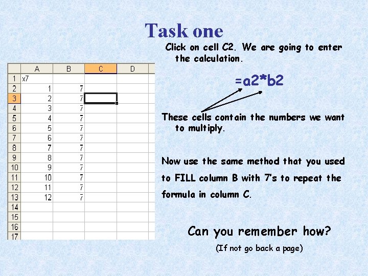Task one Click on cell C 2. We are going to enter the calculation.