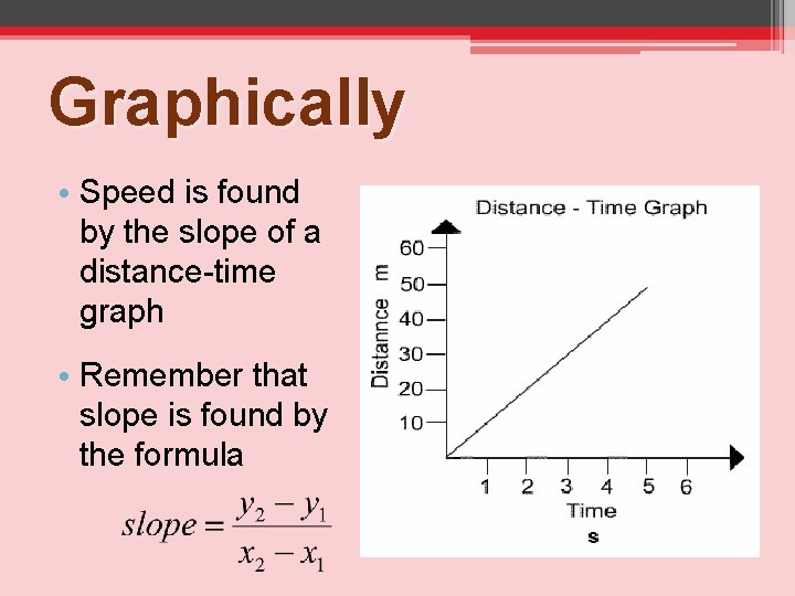 Graphically • Speed is found by the slope of a distance-time graph • Remember