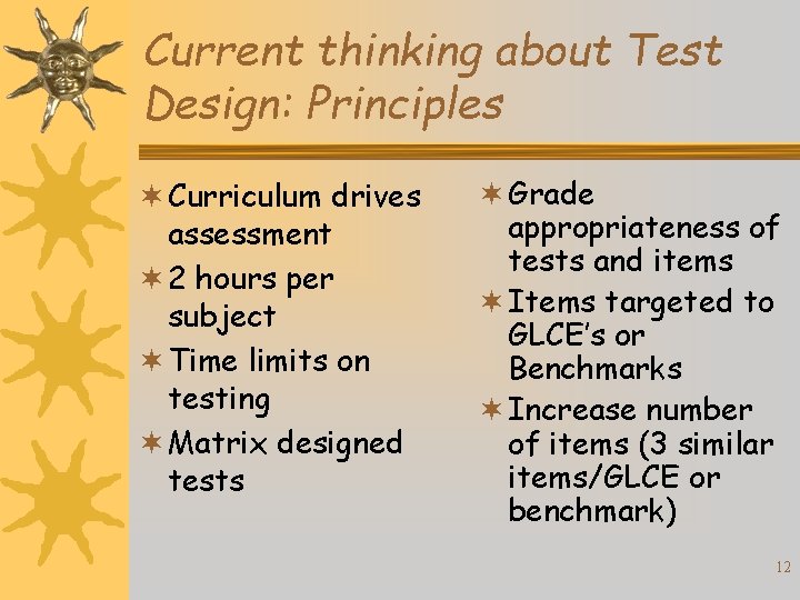Current thinking about Test Design: Principles ¬ Curriculum drives assessment ¬ 2 hours per