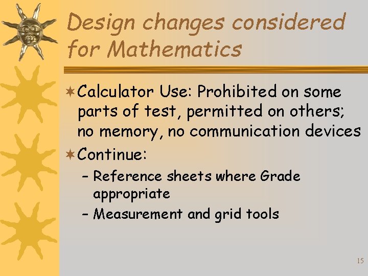 Design changes considered for Mathematics ¬Calculator Use: Prohibited on some parts of test, permitted