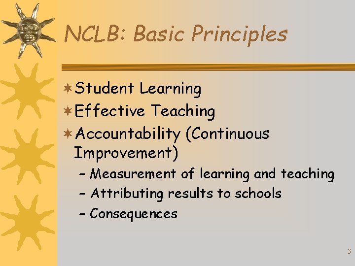 NCLB: Basic Principles ¬Student Learning ¬Effective Teaching ¬Accountability (Continuous Improvement) – Measurement of learning