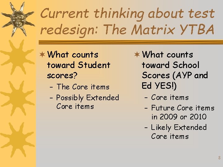 Current thinking about test redesign: The Matrix YTBA ¬ What counts toward Student scores?