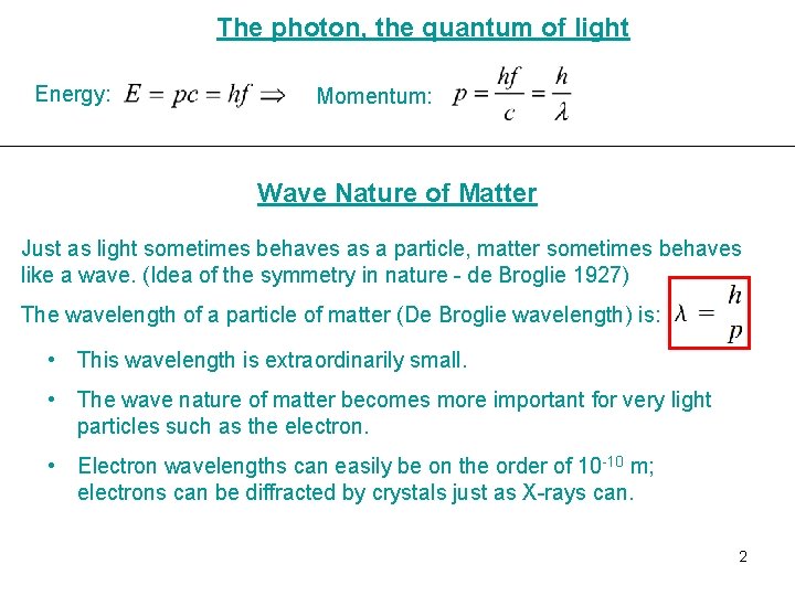 The photon, the quantum of light Energy: Momentum: Wave Nature of Matter Just as