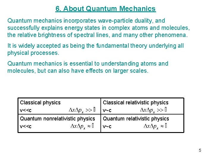 6. About Quantum Mechanics Quantum mechanics incorporates wave-particle duality, and successfully explains energy states