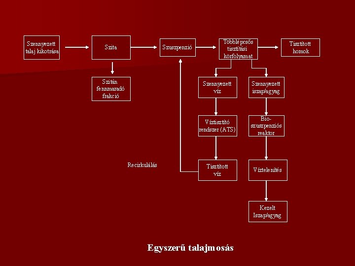 Szennyezett talaj kikotrása Szita Szuszpenzió Szitán fennmaradó frakció Recirkulálás Többlépcsős tisztítási körfolyamat Tisztított homok