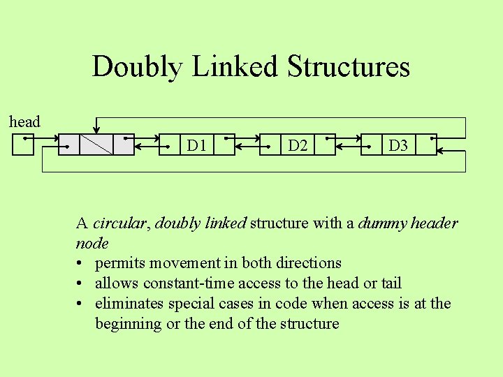 Doubly Linked Structures head D 1 D 2 D 3 A circular, doubly linked
