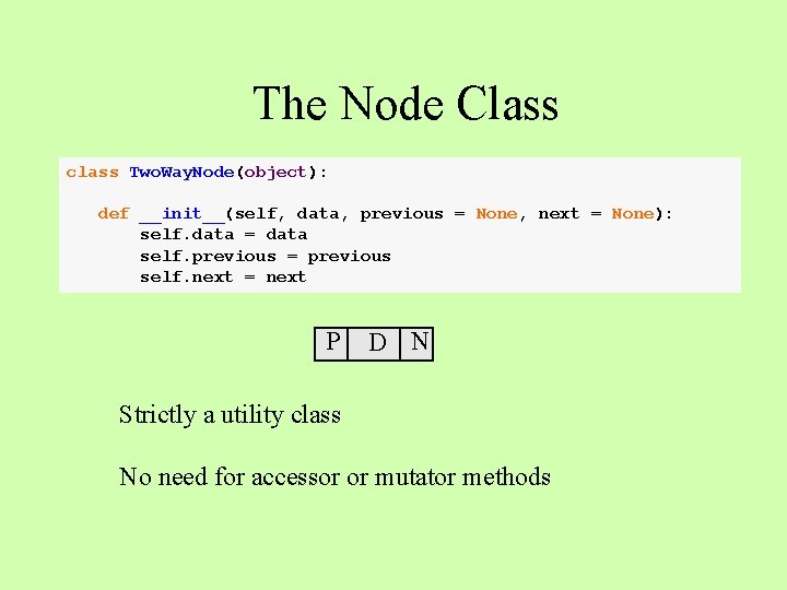 The Node Class class Two. Way. Node(object): def __init__(self, data, previous = None, next