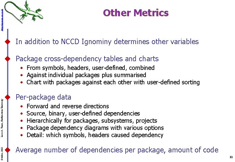 http: //iguana. cern. ch Other Metrics u In addition to NCCD Ignominy determines other