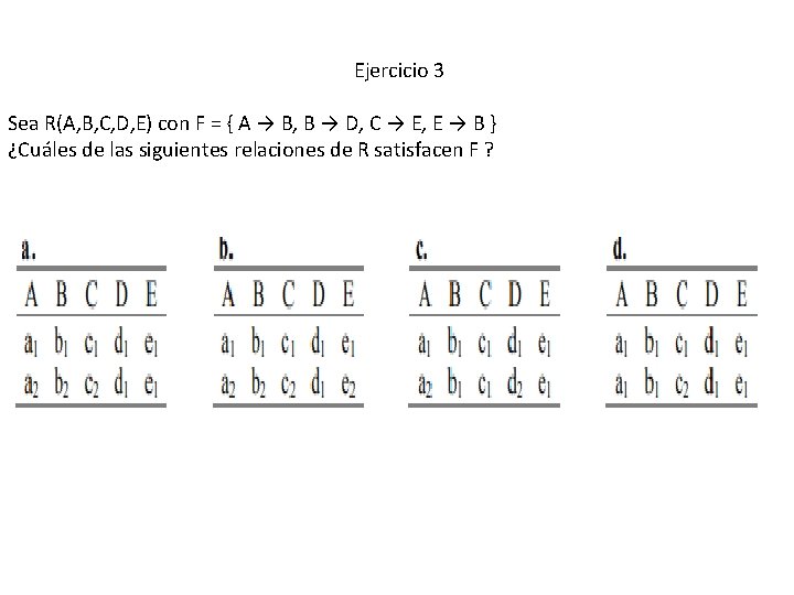 Ejercicio 3 Sea R(A, B, C, D, E) con F = { A →