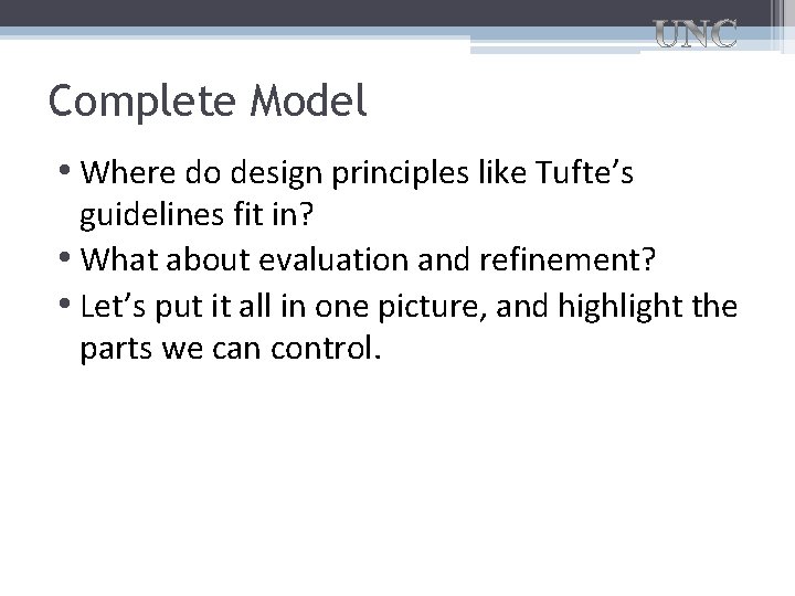 Complete Model • Where do design principles like Tufte’s guidelines fit in? • What