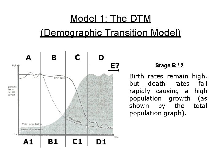 Model 1: The DTM (Demographic Transition Model) Stage B / 2 Birth rates remain