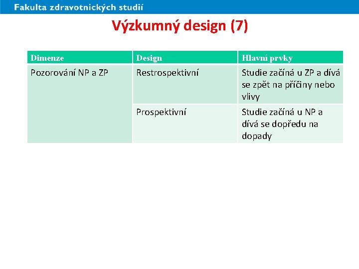 Výzkumný design (7) Dimenze Design Hlavní prvky Pozorování NP a ZP Restrospektivní Studie začíná