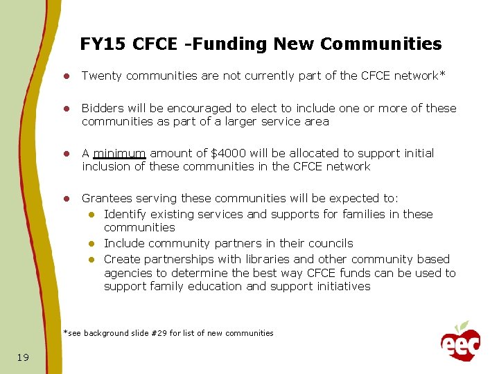 FY 15 CFCE -Funding New Communities l Twenty communities are not currently part of FY 15 CFCE -Funding New Communities l Twenty communities are not currently part of