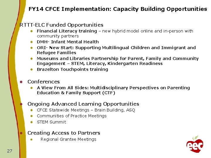 FY 14 CFCE Implementation: Capacity Building Opportunities RTTT-ELC Funded Opportunities l l l Conferences FY 14 CFCE Implementation: Capacity Building Opportunities RTTT-ELC Funded Opportunities l l l Conferences