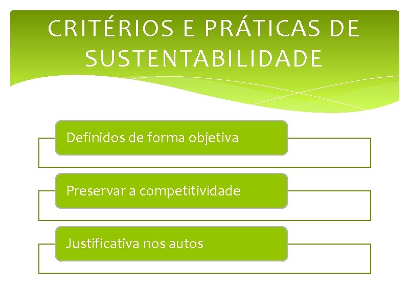 CRITÉRIOS E PRÁTICAS DE SUSTENTABILIDADE Definidos de forma objetiva Preservar a competitividade Justificativa nos