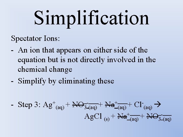 Simplification Spectator Ions: - An ion that appears on either side of the equation
