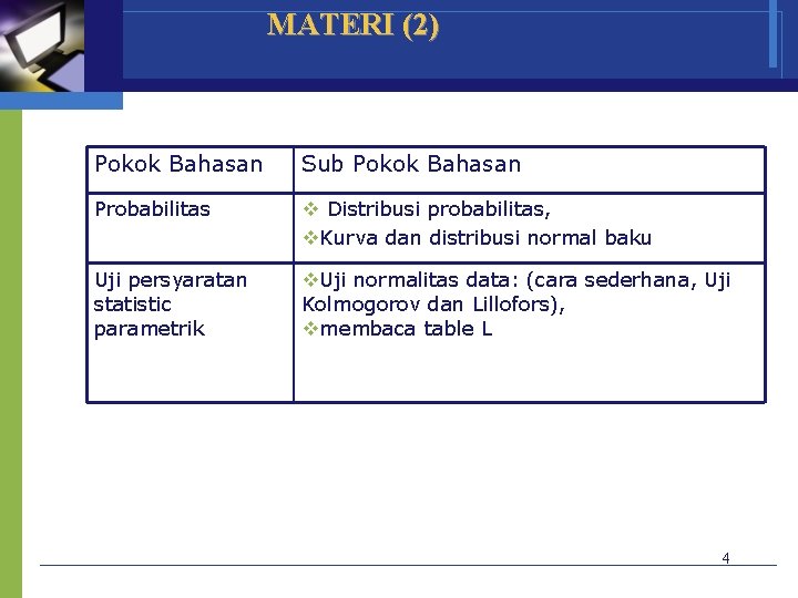 MATERI (2) Pokok Bahasan Sub Pokok Bahasan Probabilitas v Distribusi probabilitas, v. Kurva dan