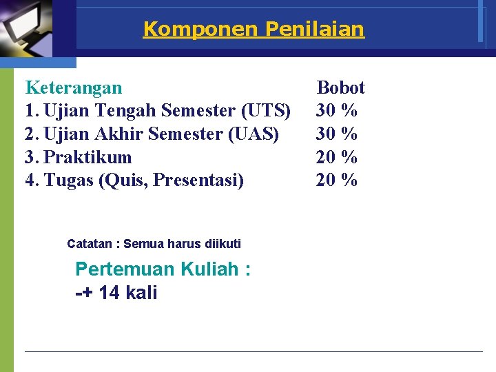 Komponen Penilaian Keterangan 1. Ujian Tengah Semester (UTS) 2. Ujian Akhir Semester (UAS) 3.