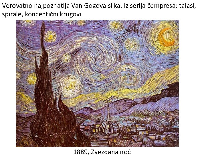 Verovatno najpoznatija Van Gogova slika, iz serija čempresa: talasi, spirale, koncentični krugovi 1889, Zvezdana